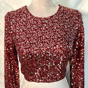 Lulus Burgundy, Gold Prize-Winner Sequin Long Sleeve Crop Top, Size M